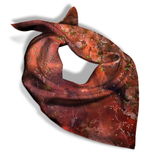 Deep Orange & Pink Petals Square Pure Silk Scarf Wrap - Picture 11 of 11